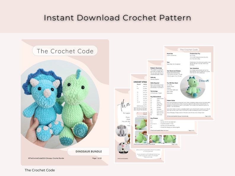 2-in-1 Dinosaur Bundle Pattern | Instant Digital download PDF