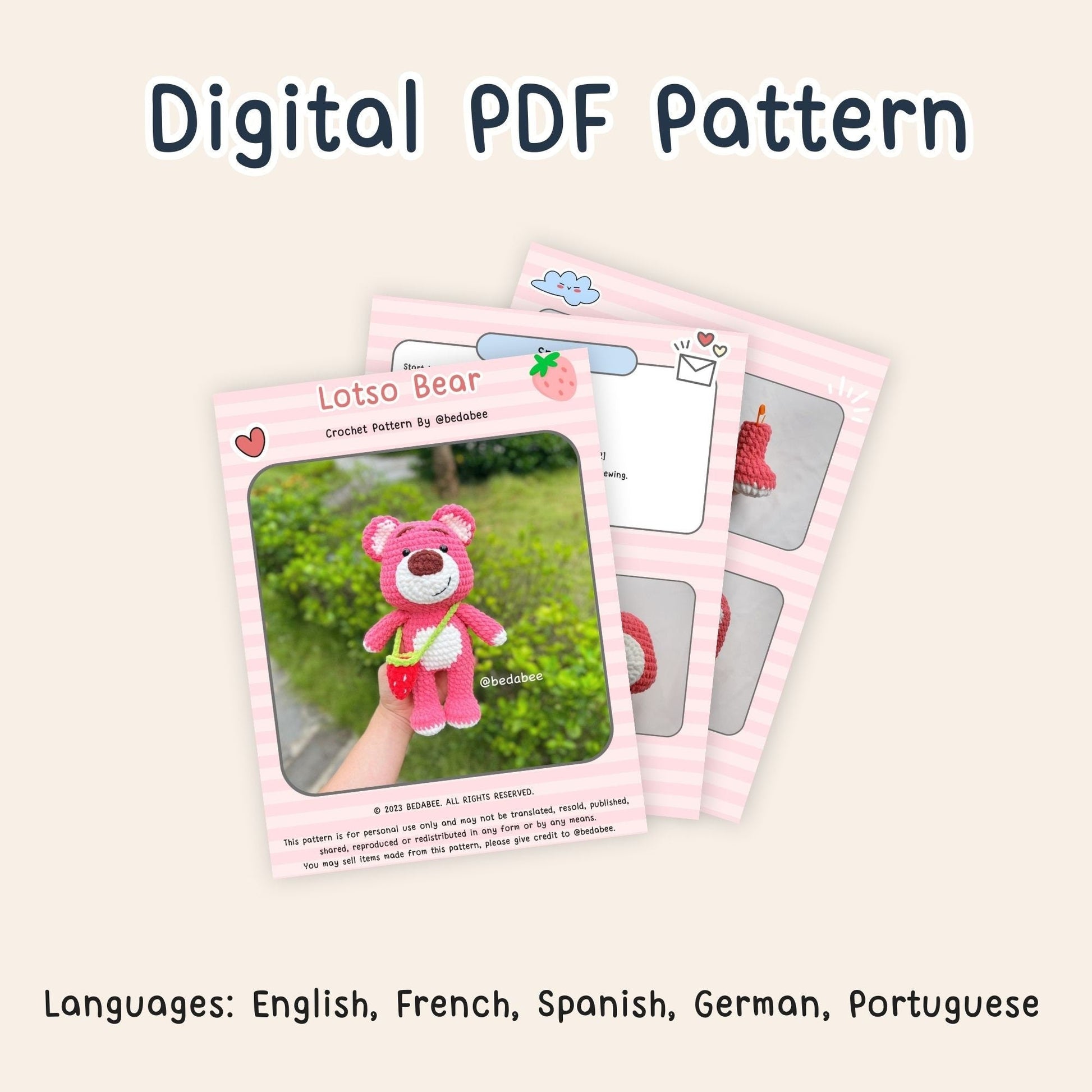 Bedabee Crochet Strawberry Pink Bear Pattern Amigurumi PDF Tutorial