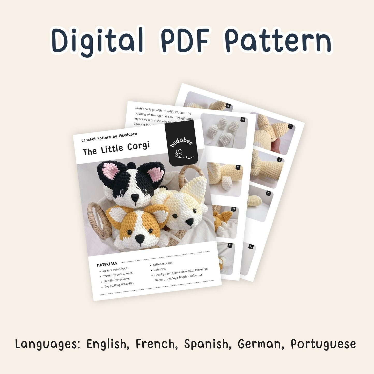 Bedabee Corgi Crochet Pattern Amigurumi Dog Puppy PDF Tutorial