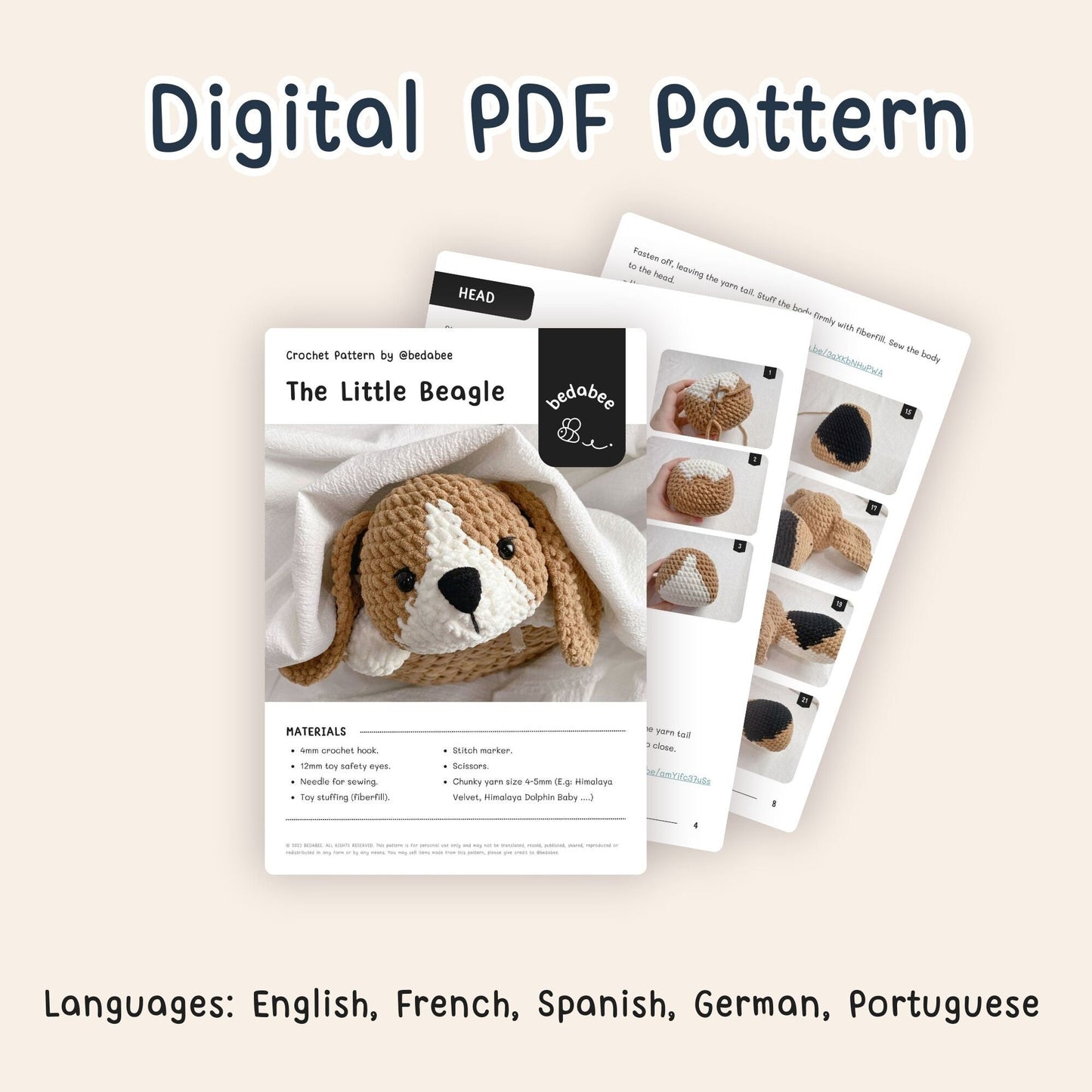 Bedabee Crochet Beagle Dog Pattern Amigurumi PDF Tutorial