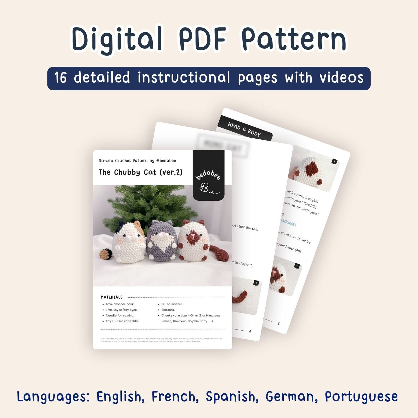 Bedabee No-Sew 3-in-1 Chubby Cat Crochet Pattern Bundle Amigurumi PDF Tutorial