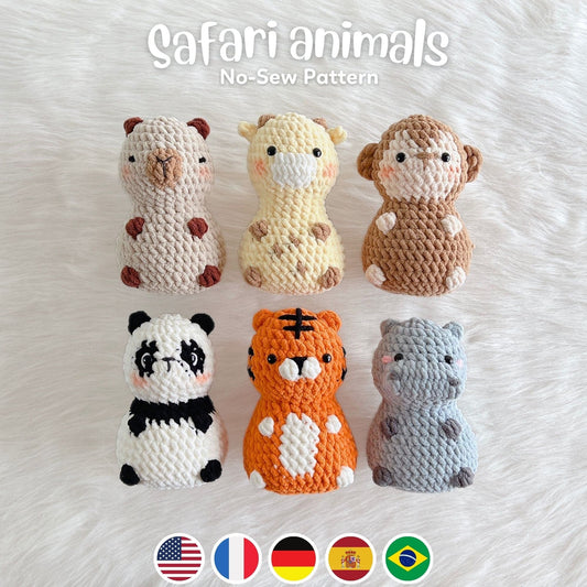 Bedabee No-Sew 6-in-1 Chubby Safari Animals Crochet Pattern Bundle Amigurumi PDF Tutorial
