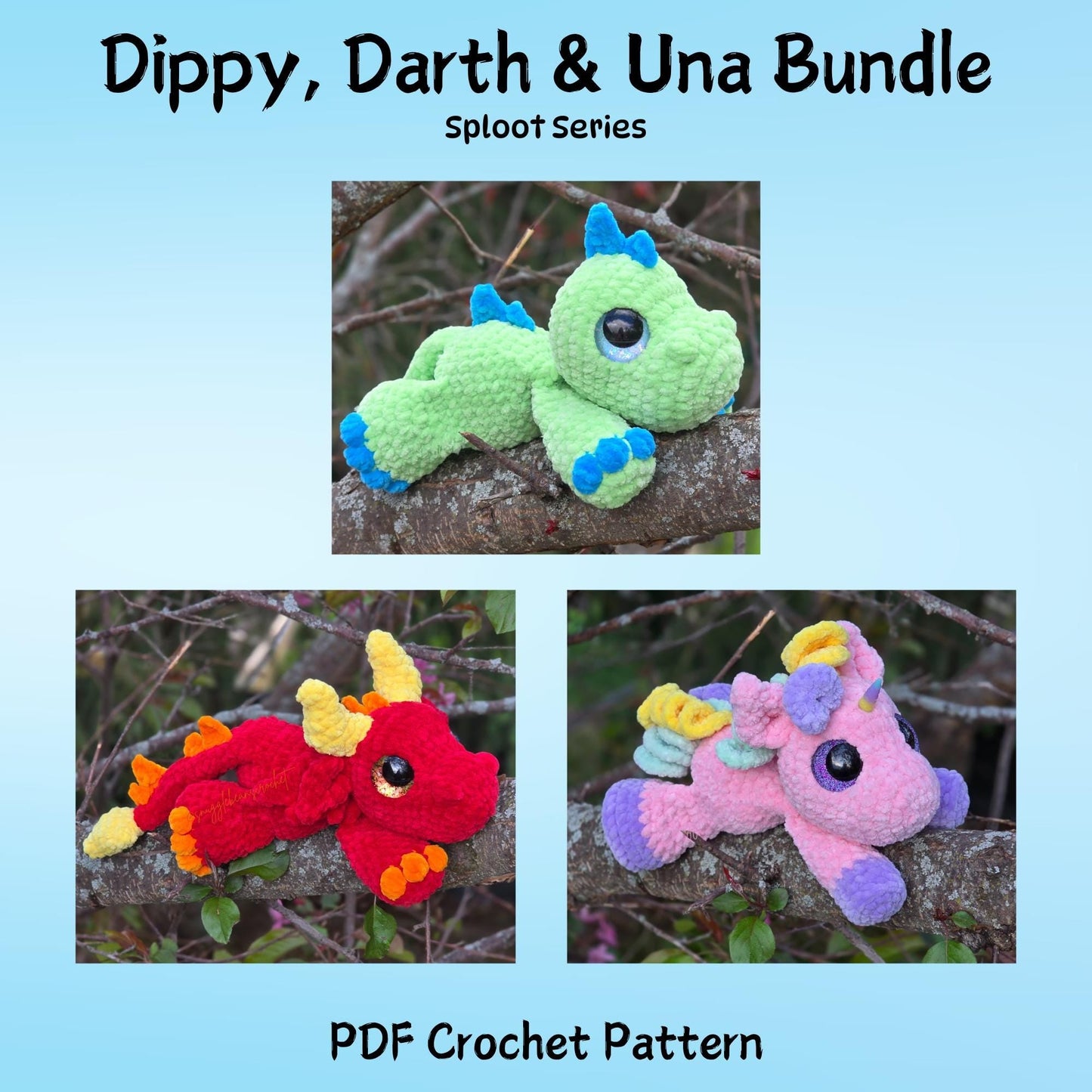 SnuggleBeansCrochet Dippy Dino Darth Dragon Una Unicorn Crochet Pattern Bundle Sploot Series PDF