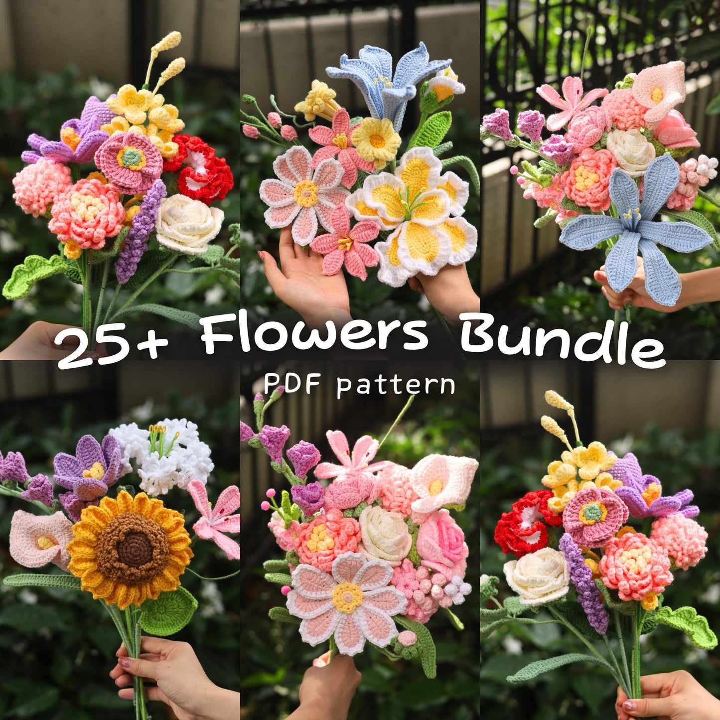 Hooktasyy 25+ Crochet Flower Patterns Bundle Tulip Rose Pingpong Amigurumi PDF