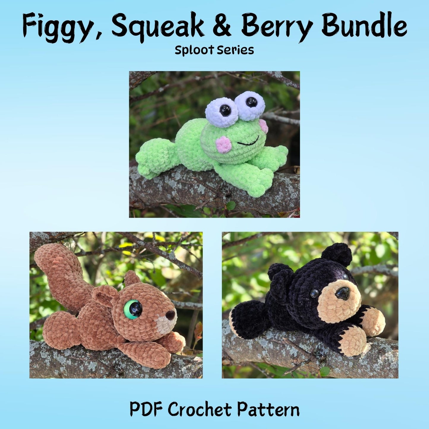 SnuggleBeansCrochet Figgy Frog Squeak Squirrel Berry Bear 3-Pack Crochet Pattern Bundle Low-Sew Sploot Series PDF