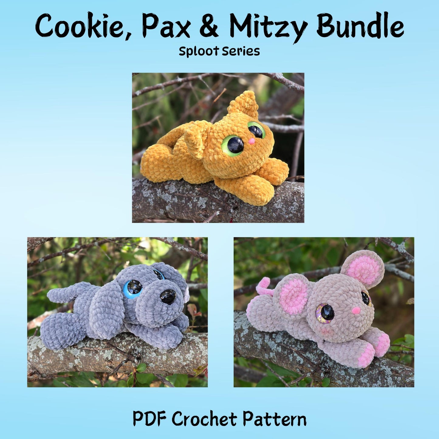 SnuggleBeansCrochet Cookie Cat Pax Puppy Mitzy Mouse Crochet Pattern Bundle Sploot Series PDF