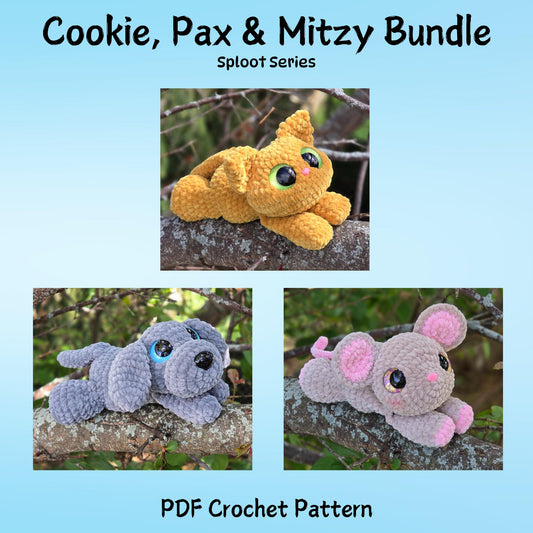 SnuggleBeansCrochet Cookie Cat Pax Puppy Mitzy Mouse Crochet Pattern Bundle Sploot Series PDF