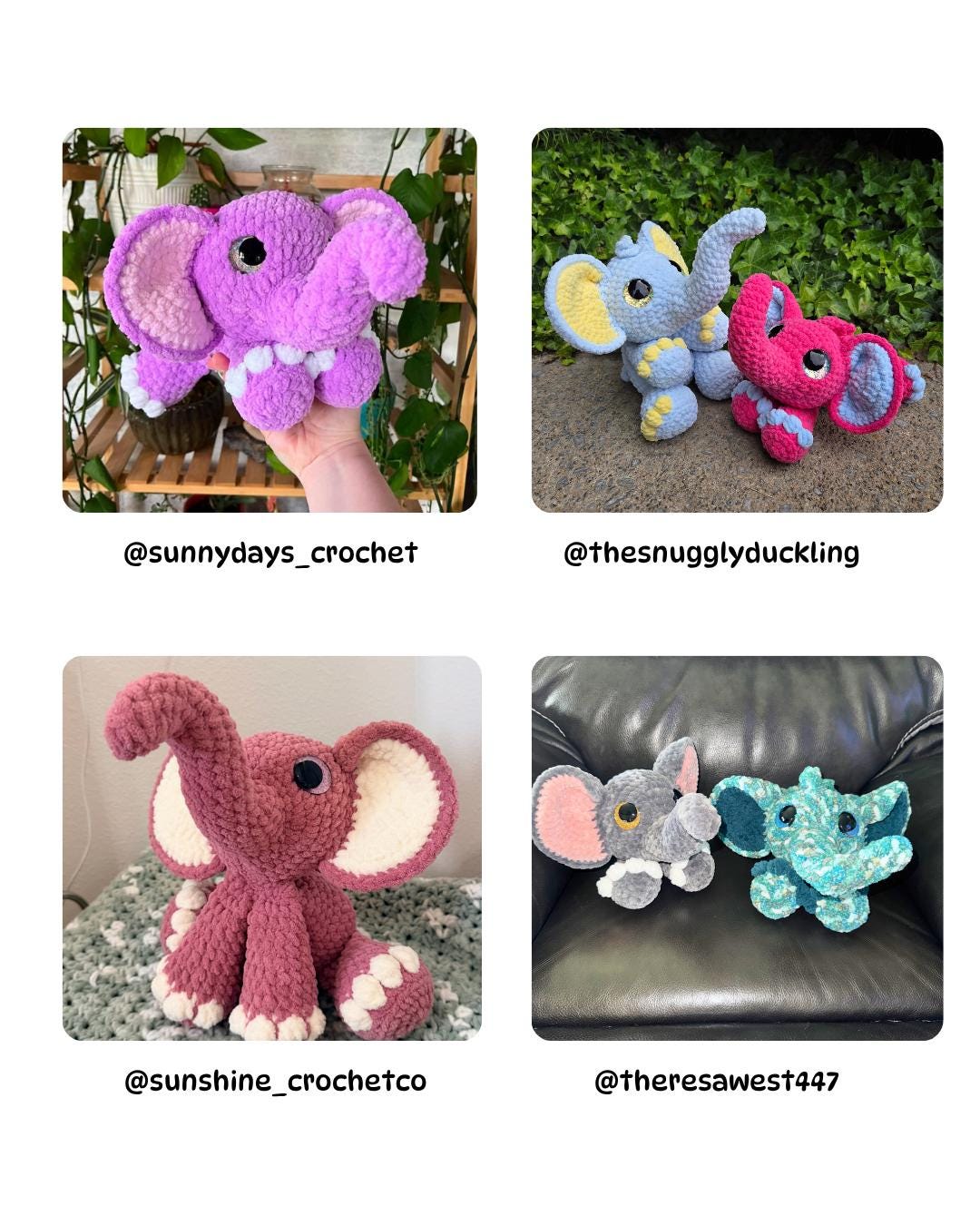 SnuggleBeansCrochet Elise the Elephant Crochet Pattern Low-Sew Amigurumi PDF