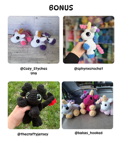SnuggleBeansCrochet Mini Dragon Unicorn Dino 4-Pack Crochet Pattern Bundle Intermediate Amigurumi PDF