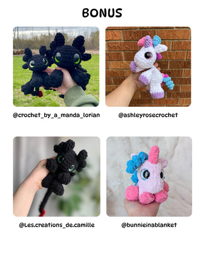SnuggleBeansCrochet Mini Dragon Unicorn Dino 4-Pack Crochet Pattern Bundle Intermediate Amigurumi PDF