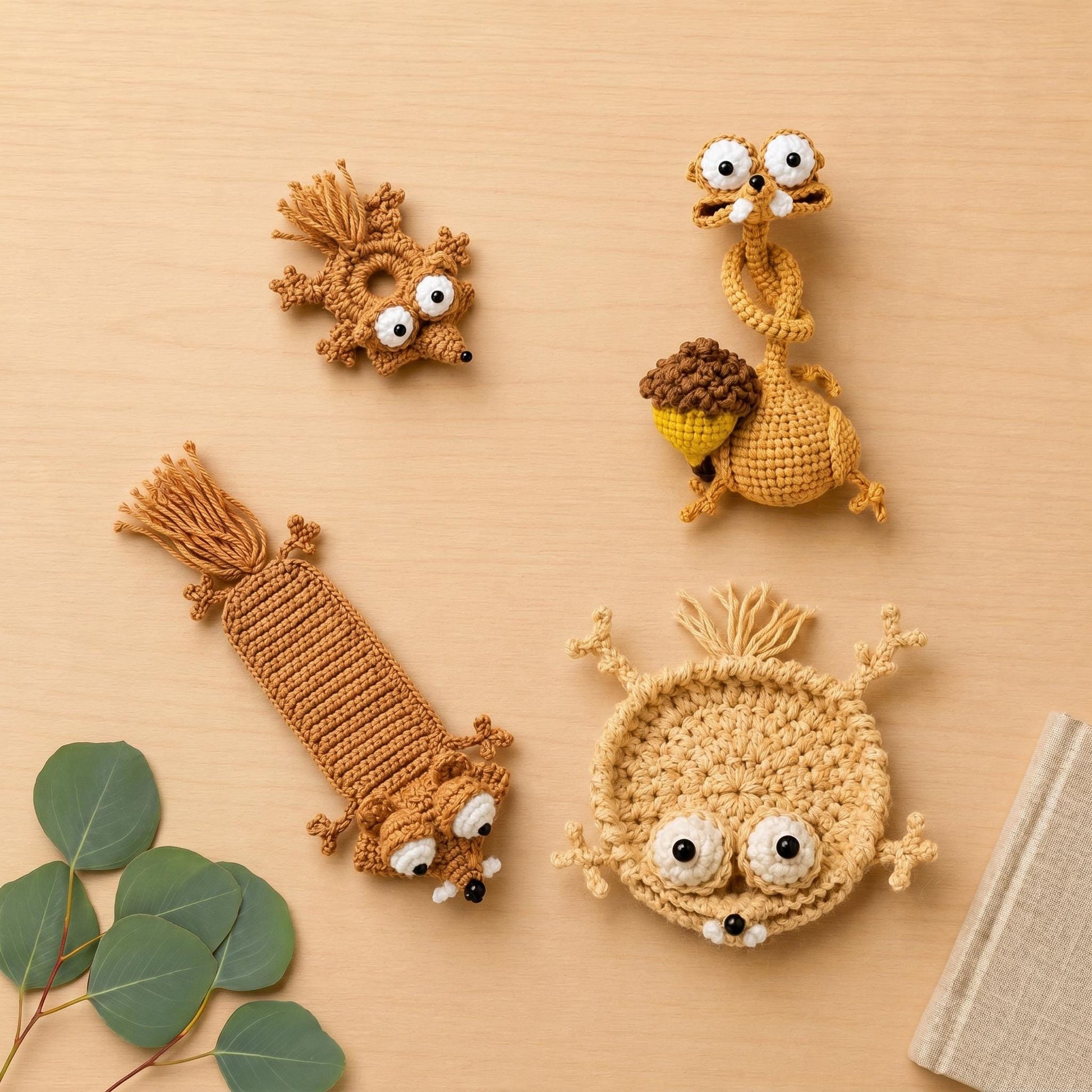 Squirrel Crochet Pattern Bundle - Coaster, Button Cover, Long Neck & Bookmark