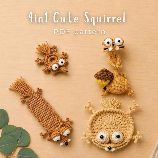 Squirrel Crochet Pattern Bundle - Coaster, Button Cover, Long Neck & Bookmark