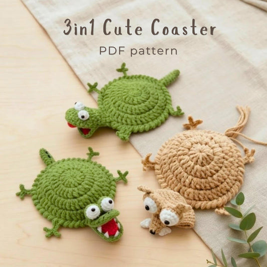 Crochiny 3-in-1 Crocodile Squirrel Lizard Coaster Crochet Pattern Bundle Amigurumi PDF Tutorial