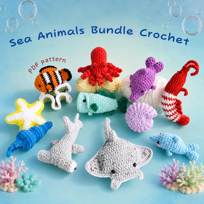 Hooktasyy 12-in-1 Sea Animals Crochet Pattern Bundle Low-Sew Ocean Amigurumi PDF