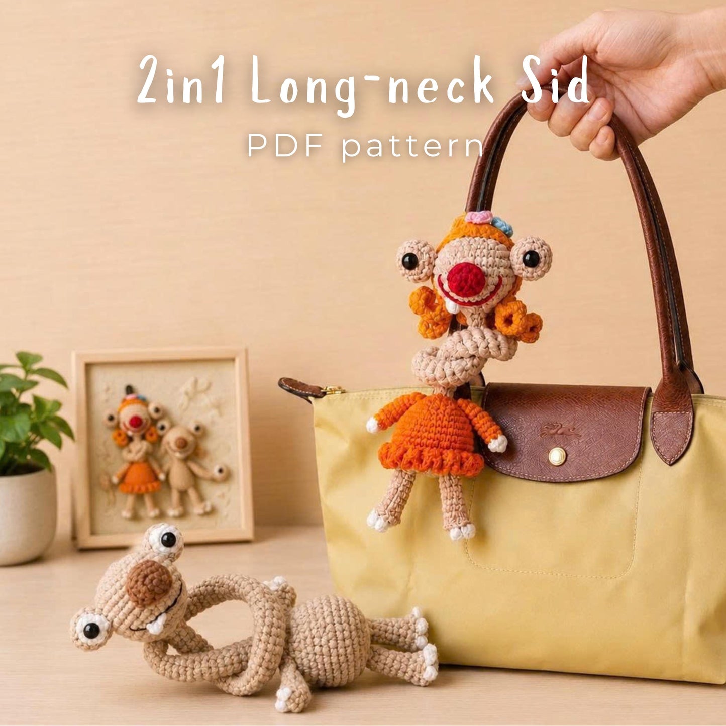 2-in-1 Long Neck Sid Couple Crochet Pattern, Cute Amigurumi Bag Charm, Ice Age, Gift For Her, Bag Decor, Handmade Bag (Digital Download)