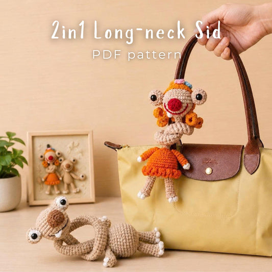 2-in-1 Long Neck Sid Couple Crochet Pattern, Cute Amigurumi Bag Charm, Ice Age, Gift For Her, Bag Decor, Handmade Bag (Digital Download)