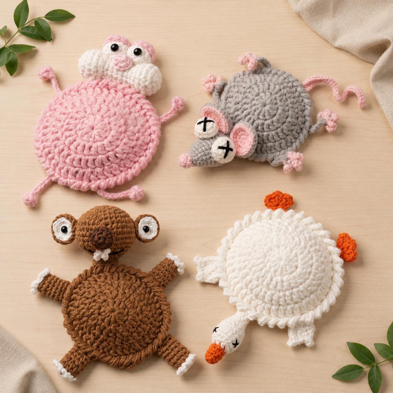 4-in-1 Animal Coaster Crochet Pattern PDF Goose Mouse Sloth Pink Cat