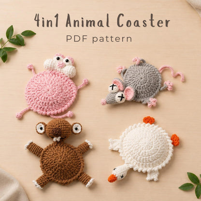 4-in-1 Animal Coaster Crochet Pattern PDF Goose Mouse Sloth Pink Cat