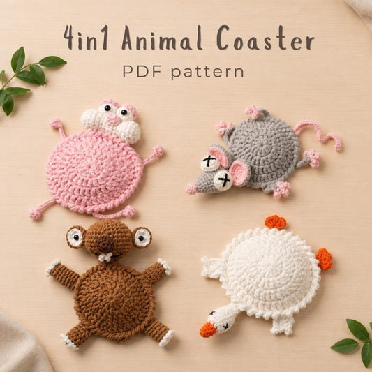 4-in-1 Animal Coaster Crochet Pattern PDF Goose Mouse Sloth Pink Cat