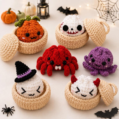 Hooktasyy 12-in-1 Halloween Dumplings & Steamer Crochet Pattern Bundle No-Sew Amigurumi PDF